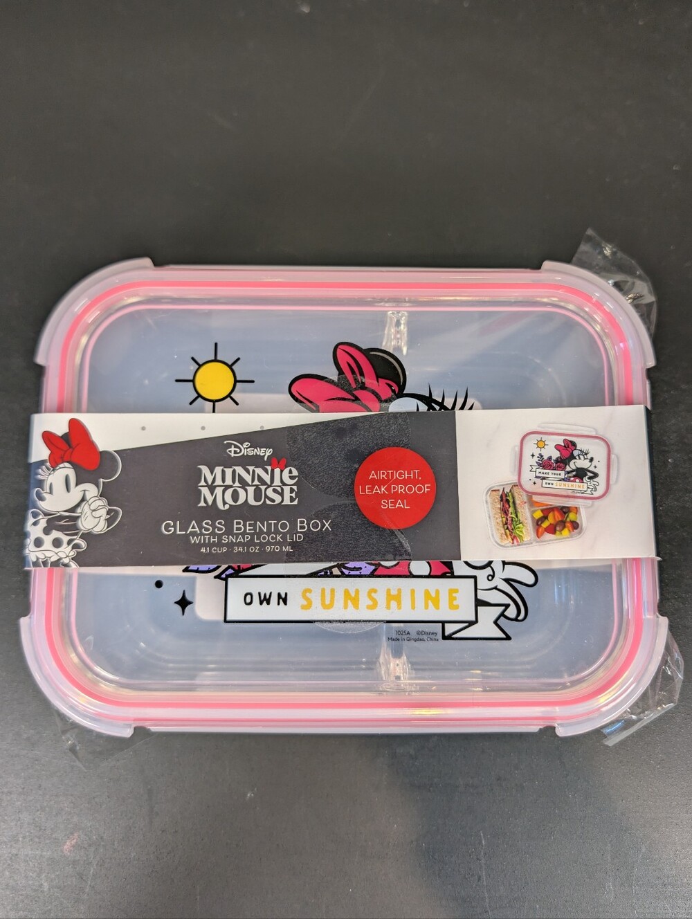 Disney‎ Minnie Mouse Glass Bento Box 3 Compartment Snap Lock Lid 34.1oz New